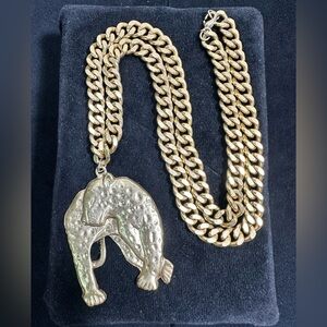 Vtg: Heavy Brass Jaguar Pendant Cuban Link Necklace ••HEAVY